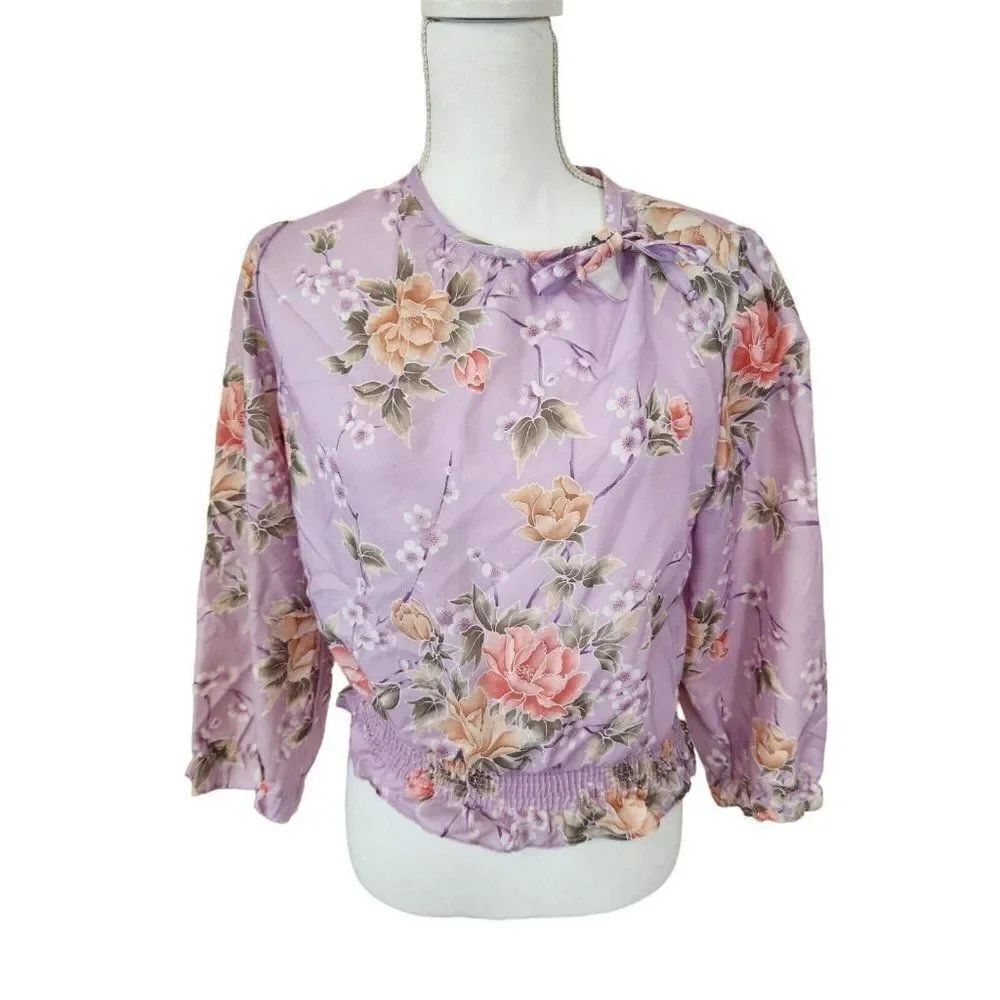 Vintage 70s Chain Reaction Purple Floral Long Sleeve Shirt M Blouson Blouse